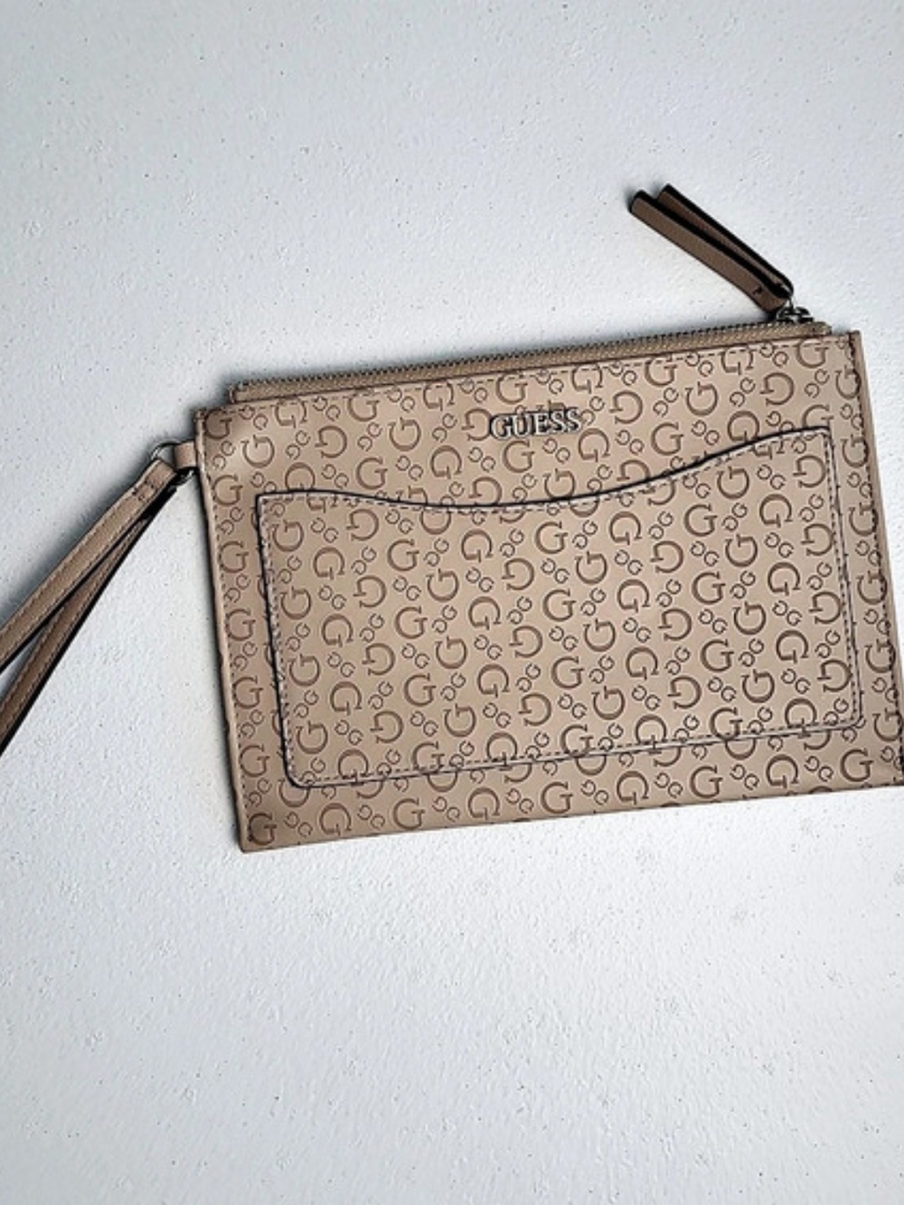 GUESS Logo Wristlet Clutch in Brown